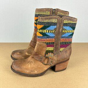 Born Aztec Leather Heeled Boots Womens 8.5 Brown Multicolor Woven Upper